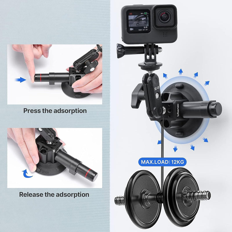 [AUSTRALIA] - UURig SC-01 Suction Mount 3" for Vlogging Action Camera Car w Smartphone Clamp Compatible with DJI OSMO Pocket 3/OSMO 360/Insta 360 x5/Xtra/iPhone 17 16 15 14Pro Max, 1/4" Magic Arm Windshield Window 3" SC-01 Suction Mount 
