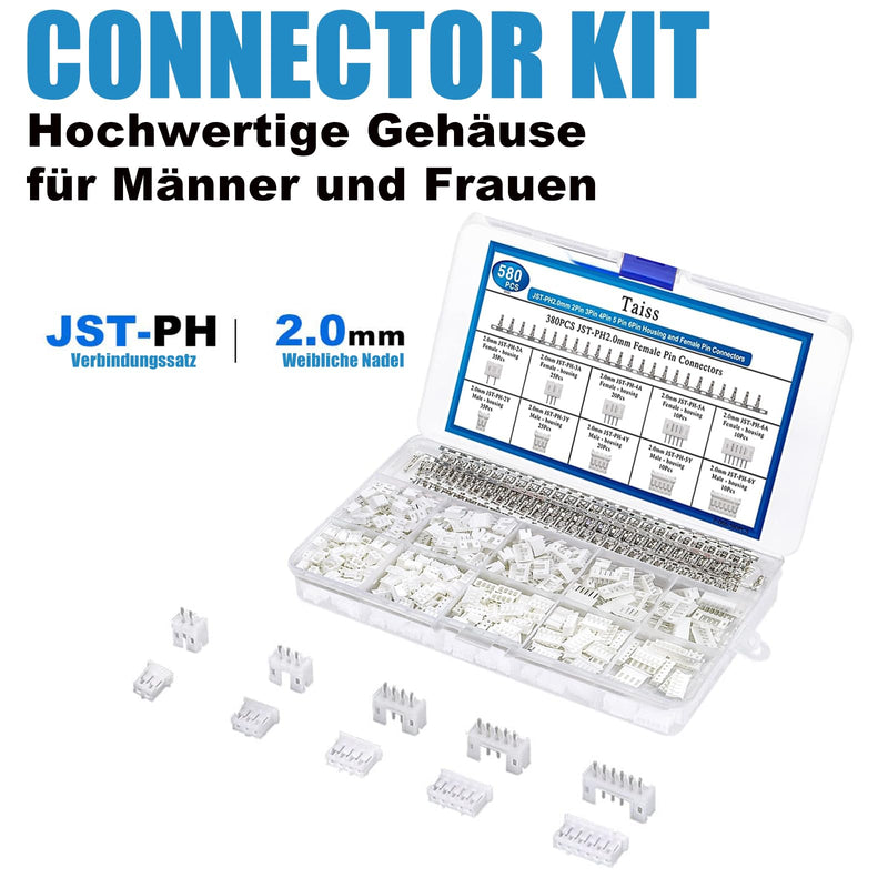 580 pieces JST-XH plug kit, PH 2.0 2/3/4/5/6-pin JST adapter male and male socket, adapter cable, 2.54 mm female metal pin connector, adapter F-066-580 pieces