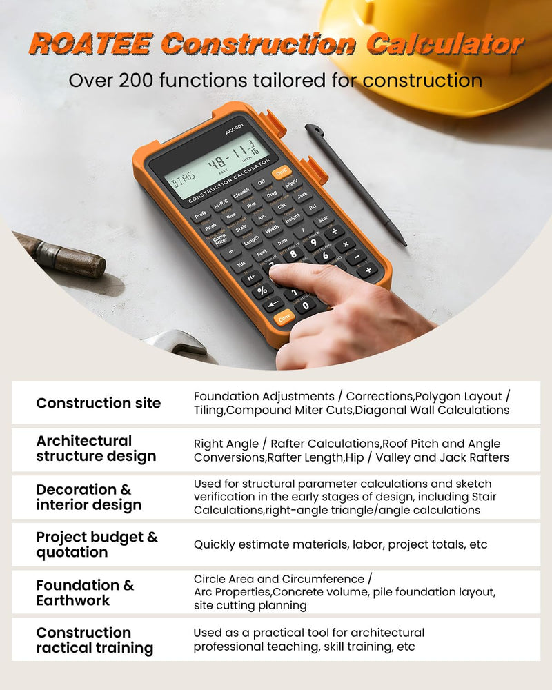 Construction Calculator with Writing Tablet Industrial & Scientific ROATEE Engineering Calculator for Contractor, Concrete Pocket Feet-inch-Fraction Calculators for Carpenter, Framer, Remodeler Gray Orange