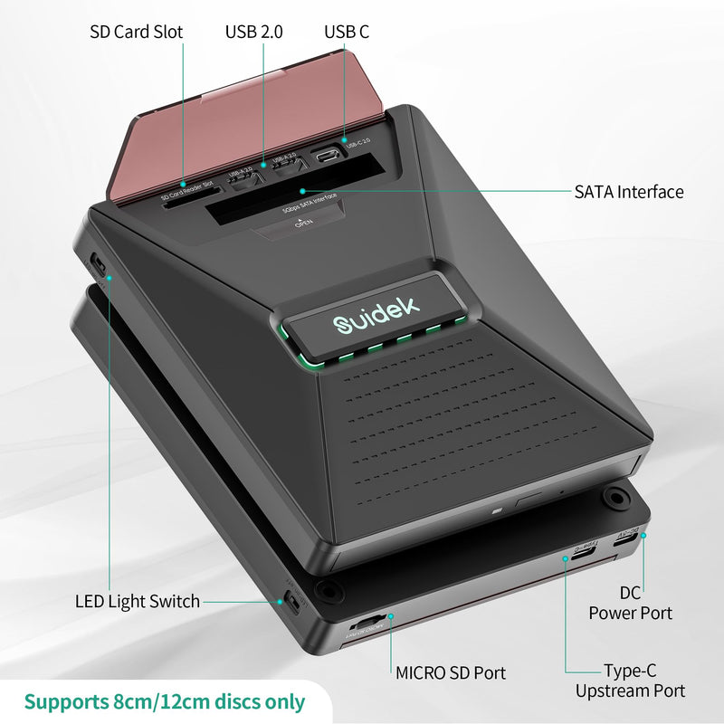 SUIDEK External CD DVD Drive,Optical Disc Reader+/-RW Burner with SATA Slot | Portable CD DVD Driver with 2.5" SATA,SD Card Reader and USB A Type C 2.0 Hub Compatible with Laptop PC Windows Mac OS Linux Matte Black