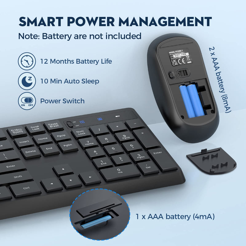 Wireless Keyboard and Mouse Combo, COLIKES 2.4G USB Cordless Mouse and Keyboard, 3 Level DPI Slim Ergonomic Mouse, Responsive Plug & Play for Computer Laptop PC - Full Size, Black