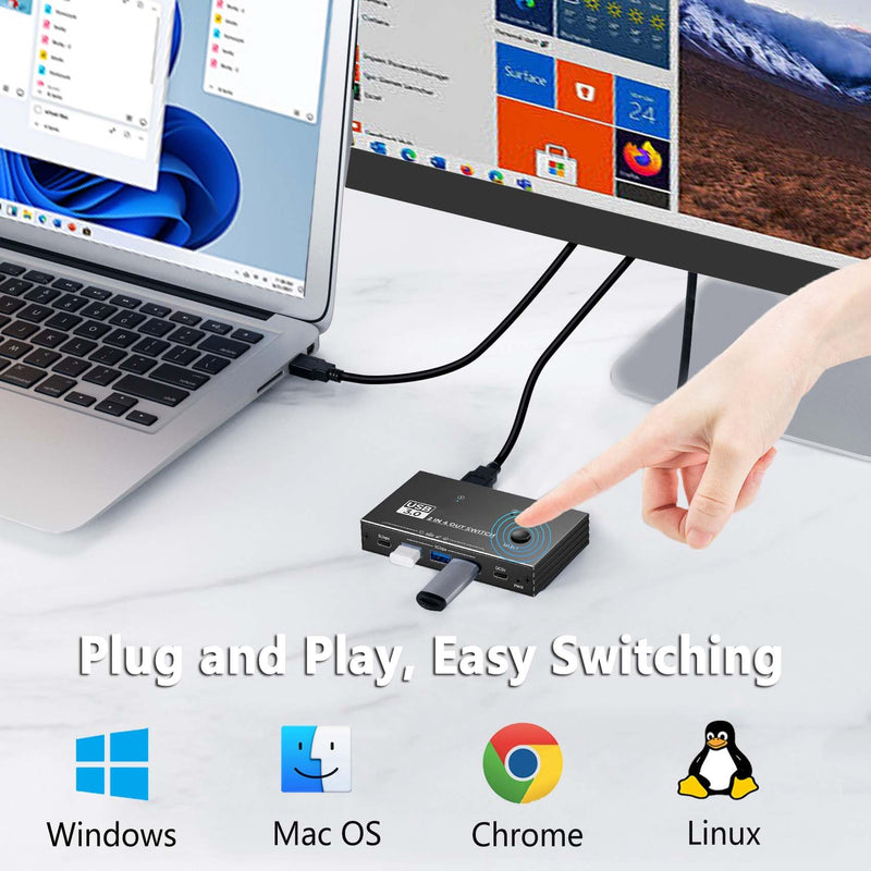 USB 3.0 Switch Selector, USB Switcher 2 Computers Sharing 3X Type A/USB C | USB C Switcher with 3 Cable, Hub PC Mouse Keyboard Hard Drives Printer One Button Switch Adapter with Windows Mac Linux 4K