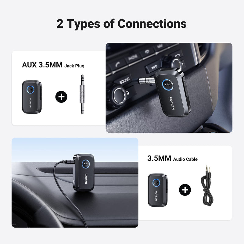 UGREEN 5.3 Aux Bluetooth Adapter for Car, [Greater Connection] Bluetooth Aux Adapter for Car, Bluetooth aux for Wireless Audio Receiver for Home Stereo/Wired Speaker, 15H Battery Life Black