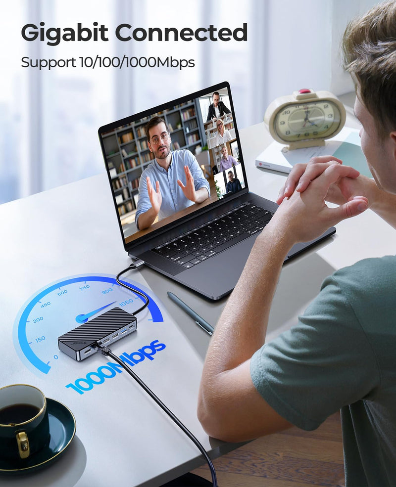 ORICO USB-C Hub with M.2 SSD Enclosure, 8-in-1 USB C Docking Station Fits M.2 NVMe/SATA SSD, 10Gbps, 4K@60Hz HDMI, 100W PD, Ethernet - OM28PR with RJ45