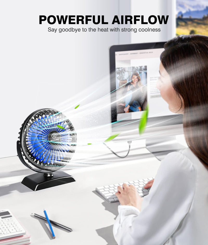 JZCreater USB Desk Fan, USB Fan Mini, 360 Rotation Desktop Fan with 3 Speed, Table Personal Cooling Fan, Quiet Mini Desk Fan, USB Powered, Small Fan for Home Office Bedroom Car Travel,Black 1 Black+Blue