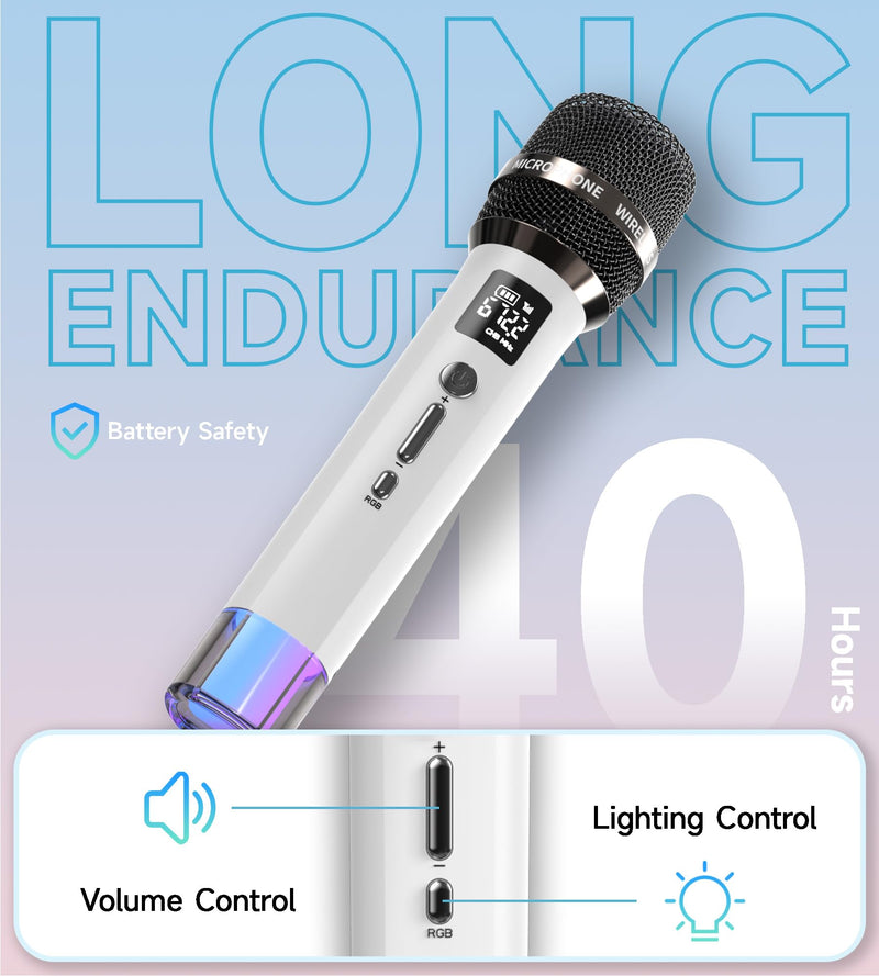 [AUSTRALIA] - Wireless Microphones, Microphone with One-to-One Chip Connection and LED Lights, 40H Duration, 200FT Range Receiving, Volume Control Karaoke Microphone for Singing, Speech, Home Party, YouTube/TikTok White 