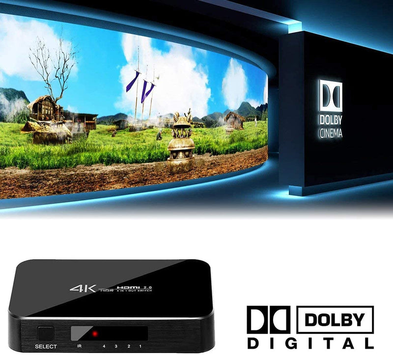 HDMI Switch 4X1, 4K Ultra HD HDMI Switcher Support HDMI 2.0 HDCP 2.2, 3D, 1080P, 4Kx2k@60Hz (IR Remote Control)