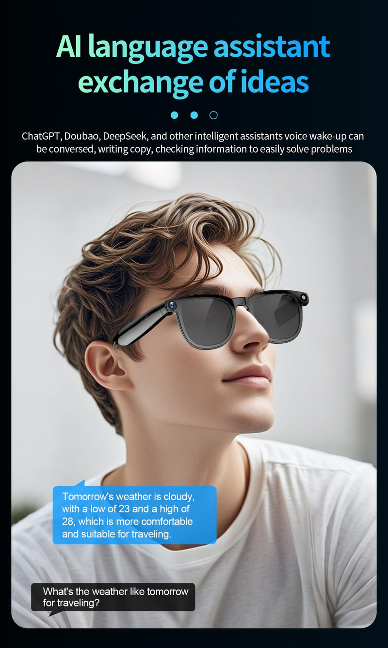 AI Smart Bluetooth Glasses with 8MP Camera for Men Women, Real-Time Translation, Black, Built-in AI Voice Assistant, Music Control, Photo Video Recording, Summer/Beach Essential
