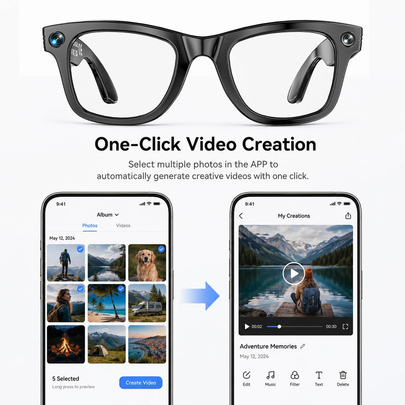 AI Smart Glasses with Camera, 13MP HD Capture, 4K EIS Video, Photochromic | Object Recognition, Real-Time Translation, AI Assistant, Dual Open-Ear Speakers, Bluetooth, IP66 Water Resistance, Sunglasses Black Glasses Pouch Included