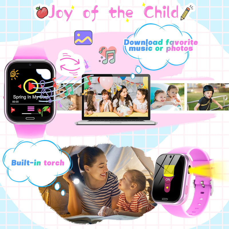 Smart Watch for Kids, Kids Smart Watch Toys 19 Games Touch Screen Watch Camera Music Video Pedometer Calculator Alarm Clock Learn Card Audio Book Calendar, Gift for Boys Girls Ages 4-12 (Rose) Rose