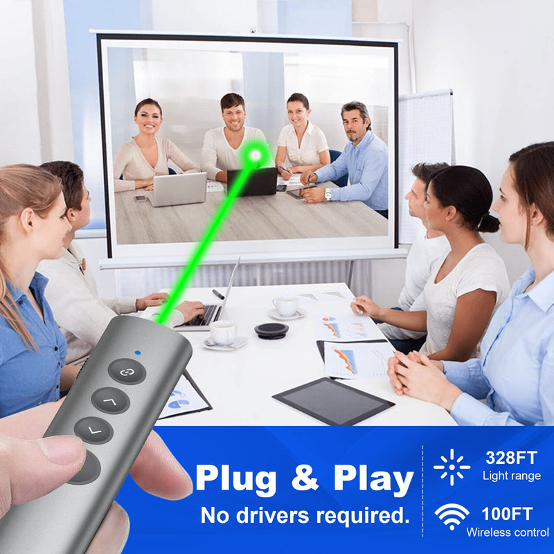 Aluminum Alloy Presentation Clicker with Green Laser Pointer | 2‑in‑1 USB/Type C Receiver Wireless Presenter Remote PowerPoint Clicker for Computer Laptop/PPT/Google Slides/Windows/Mac Metal 02 Green Laser