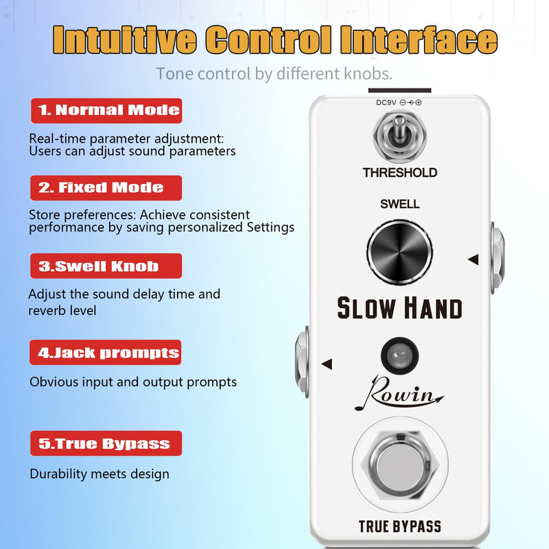 Rowin Digital Slow Hand Guitar Pedal Slow Gear Combine Reverb or Delay for Electric Guitar Bass True Bypass (LEF-326)