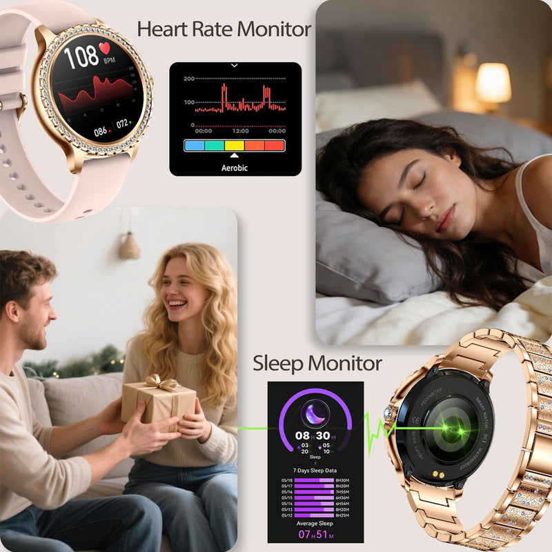 Smart Watch for Women with Diamonds, Bluetooth Calls, 1.32'' Full HD Screen Fitness Tracker with Multiple Sports Modes/Heart Rate/Sleep Monitor, IP68 Waterproof for Android iOS, Elegant Rosegold