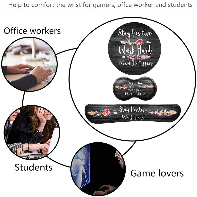 Keyboard Wrist Rest and Mouse Pad Wrist Support Set with Coasters [4Pcs], Stay Positive Work Hard and Make It Happen Inspirational Quotes Wrist Mouse Pad with Non-Slip Rubber Base for Home & Office