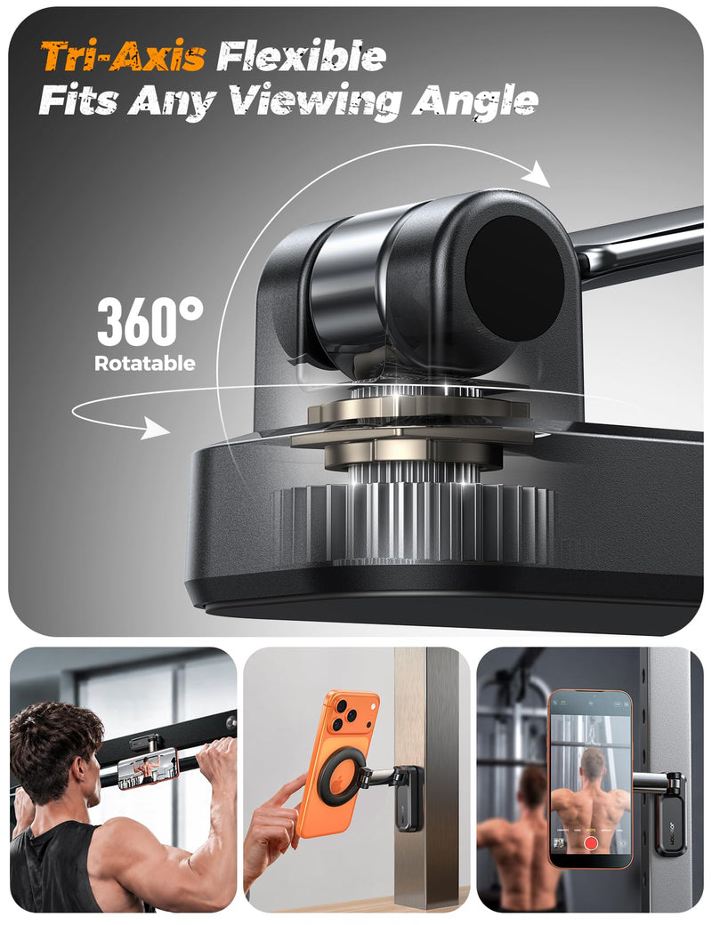 Upgraded Magnetic Phone Holder for Gym, 360° Rotatable Base, Dual-Magnet | Strong Dual Magnet, Portable Foldable Design, Metal Arm, Gym Essentials for Bodybuilder Men Women Recording Fitness Exercise Black