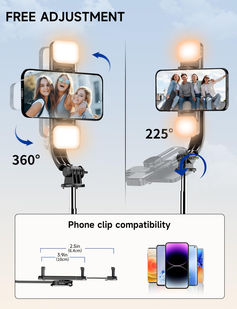 45" Selfie Stick Tripod with 2 Lights, Extendable 5 in 1 Selfie Stick Phone Tripod, Portable Selfie Sticks with Wireless Remote Compatible with iPhone 15/14/13 Pro Max, Samsung, Android, Gopro Black(with 2 Light)
