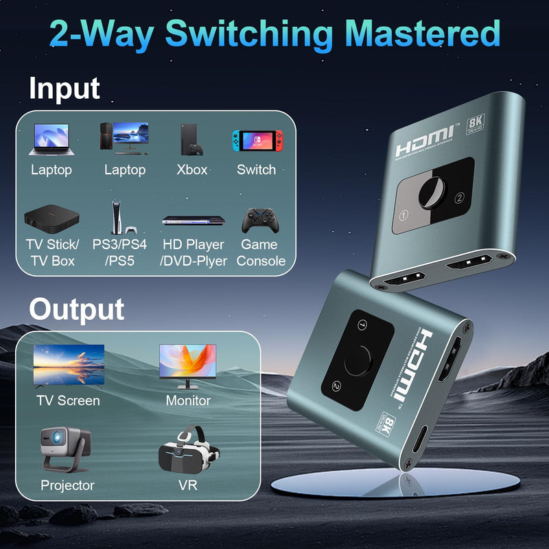 [AUSTRALIA] - 4K 120Hz HDMI Switch, 8K 60Hz HDMI 2.1 Bi-Directional 2-in-1/1-in-2 Switcher Splitter, Aluminum HDMI Selector 48Gbps High Resolution Switch Capable for Gaming, PS5, Xbox, HDR10, Dolby Vision 