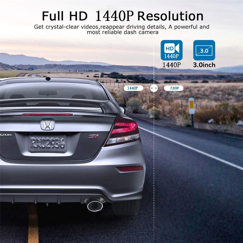 Car on-Dash Mounted Cameras 1440P Full HD Car DVR Dashboard Camera Video Recorder in Car Camera Dashcam for Cars 170 Wide Angle WDR with 3.0" LCD Display Night Vision and G-Sensor H19-black