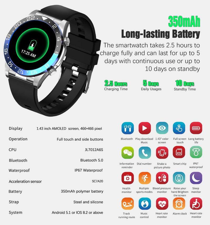 Men's Smartwatch 1.43" AMOLED Display Sports Fitness Tracker Answer&Make Calls, Heart Rate Sleep Monitor IP67 Waterproof Smart Watch for Men, Pedometer, Support Android & iOS (Black Blue) black blue