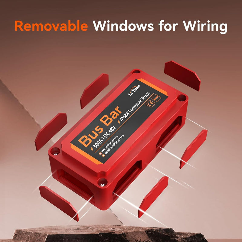 LiTime 300A Bus Bar 4*M8 Terminal Posts for LiFePO4 Batteries High Voltage and Current Suitable for Automotive, Marine, and Solar Applications and Electrical System (Red+Black)