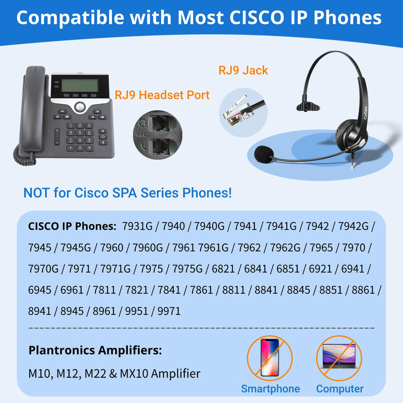 Callez Cisco Phone Headset with Mic Noise Cancelling, RJ9 Office Telephone Headset with Quick Disconnect Cord Compatible with Cisco IP Phone 7940 7942 7945 7960 7962 7965 7821 7841 8811 8841 8845 8851