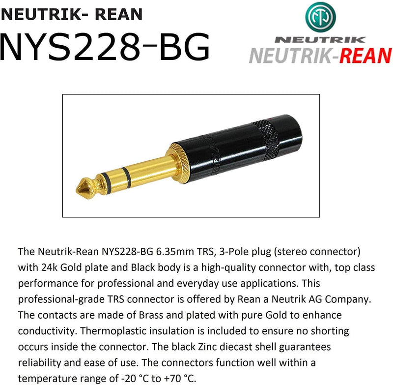 WORLDS BEST CABLES 4 Units - 1 Foot - Canare L-4E6S Star Quad, Patch Cable terminated with Neutrik-Rean NYS ¼ Inch (6.35mm) Gold TRS Stereo Phone Plugs - Custom Made