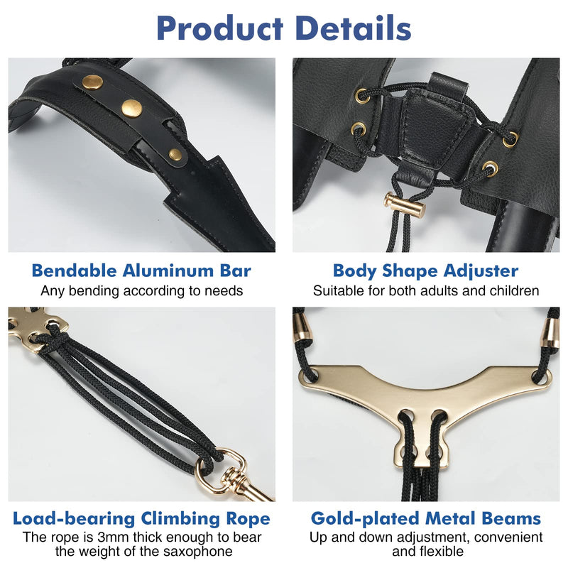 Saxophone Shoulder Strap, Double Shoulder Leather Adjustable Sax Strap with Metal Beam & Sturdy Adjuster, Reduce Neck Stress, Good Comfort, for Alto/Tenor/Baritone/Soprano Saxophone