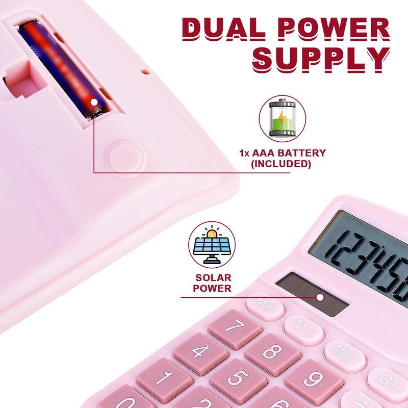 Basic Calculator with Comfortable Large LCD Display, 12 Digits Calculators Desktop, Tilt Screen, Big Button, Desk Calculator with Dual Power (Solar & Battery Included) (Pink) Pink