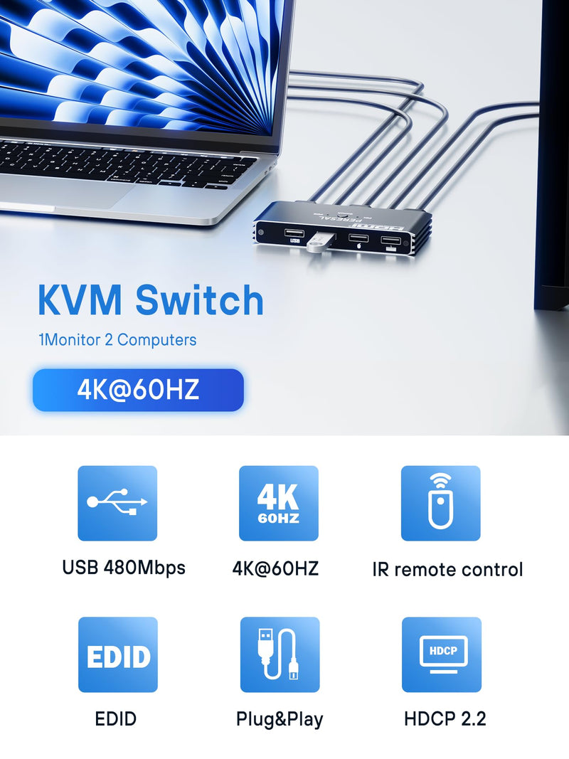 USB KVM Switch, KVM Switch 1 Monitors 2 Computers, HDMI Switch, 4K@60Hz KVM Switches for 2 Computers Sharing 1 Monitor, 4 USB Devices Such as Keyboard, Mouse, Printer, Scanner Black