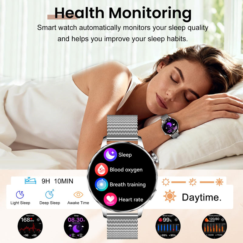 Smart Watches for Women, 1.27'' Smartwatches (Answer/Make Calls) Compatible with iPhone/Android Phones, IP68 Waterproof Fitness Tracker Watch with Sleep Monitor, 100+ Sports Modes (Silver) Silver