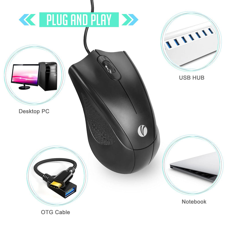 VCOM Wired USB Mouse with 6-Foot Cord & 1200 DPI, Right or Left Hand Use for Work Study Home, 3-Button Ergonomic Optical Mouse Compatible with PC Laptops Desktop Computer Windows Vista Linux, Black 1-Pack