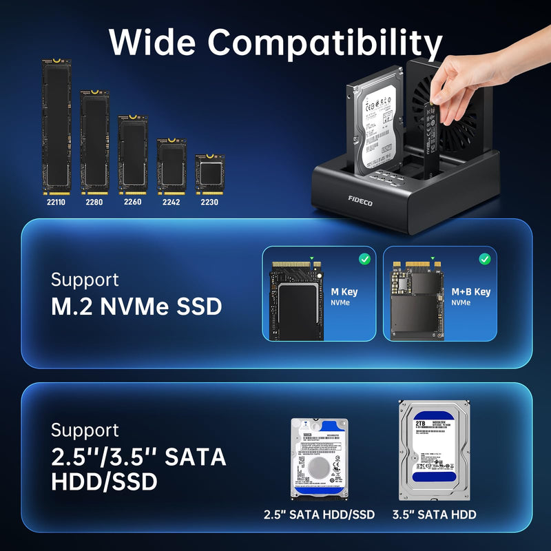 FIDECO Hard Drive Docking Station for M.2 NVMe SSD and 2.5"/3.5" SATA HDD with Bidirectional Offline Clone, M.2 NVMe to USB Adapter Cloner, SSD Reader with Foldable Cooling Fan