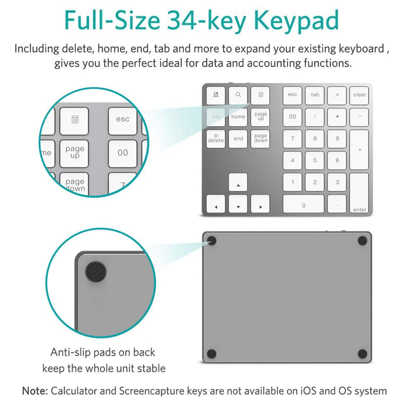 Bluetooth Numeric Keypad, Rechargeable Aluminum 34-Key Number Pad Slim External Numpad Keyboard Data Entry Compatible for MacBook, MacBook Air/Pro, iMac Windows Laptop Surface Pro etc Silver
