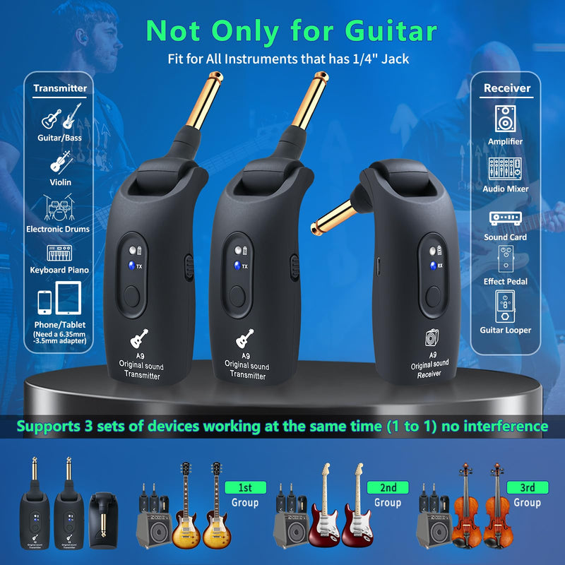 [AUSTRALIA] - A9 Wireless Guitar System - 2.4GHz Guitar Accessories Transmitter Receiver, 24-bit 48KHz Audio, 100ft Range, No Latency, 4-Hour Rechargeable Battery, for Electric Bass (Black(2TX+1RX)) Black 