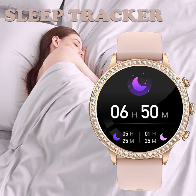 Loluka Pink Smart Watches for Women with Diamonds, Answer/Make Call Ladies Bluetooth Smartwatch for Android and iOS Phones, Rhinestone Fitness Activity Tracker Sleep Tracker Pedometer