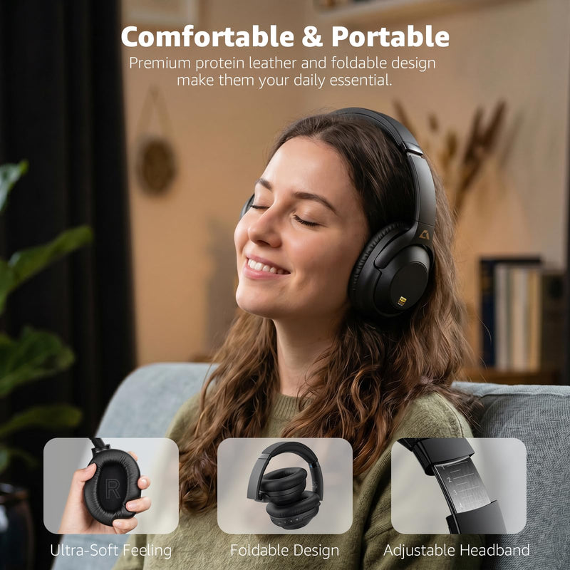 YMOO Noise Cancelling Headphones for Airplane, Wired Wireless ANC Headsets | Bluetooth 6.0 Over Ear Travel Headphones, LDAC Hi-Res Audio, 100H Playtime, Custom EQ via App Black
