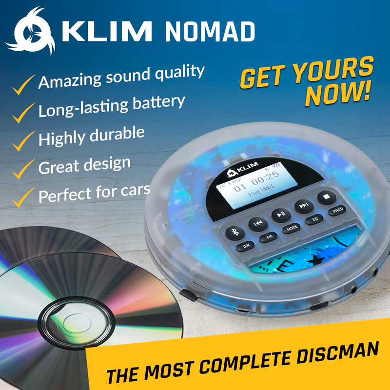 KLIM Nomad Transparent - New 2024 - Portable CD Player Walkman with Long-Lasting Battery - Includes Headphones - Radio FM - MP3 CD Player Portable - TF Card Radio FM Bluetooth - Ideal for Cars Clear
