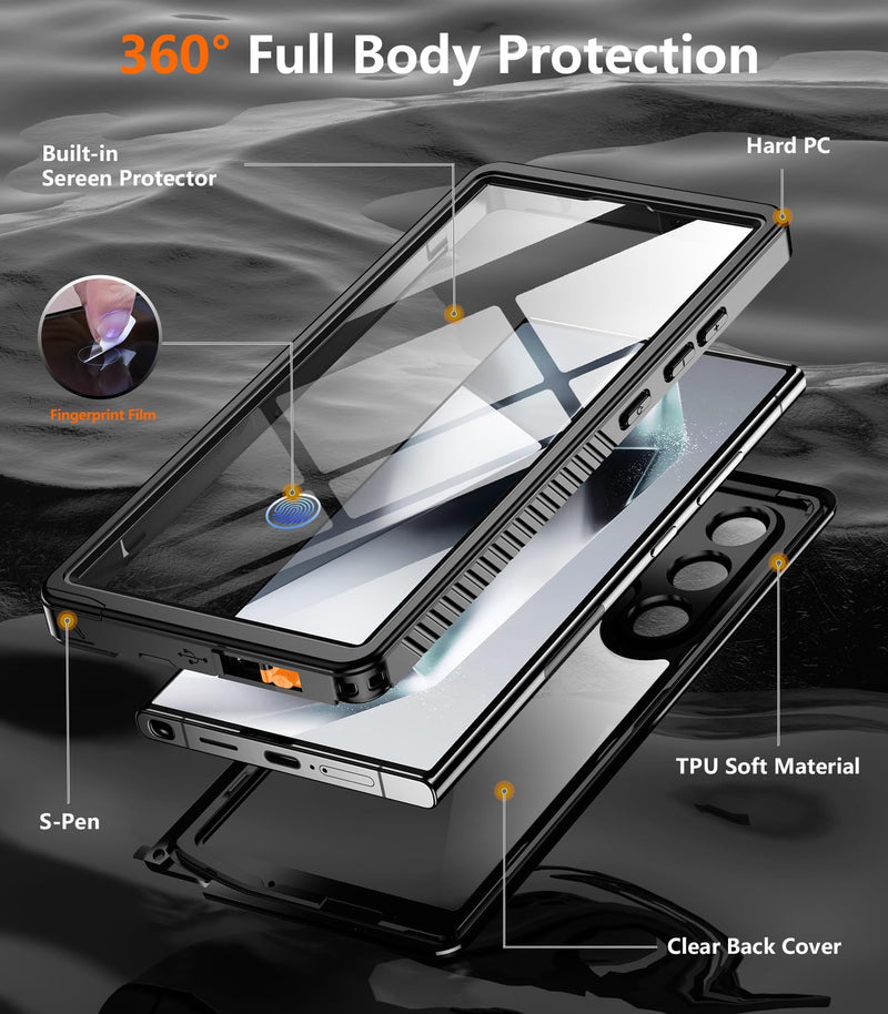 Compatible with Samsung Galaxy S24 Ultra Case Waterproof with Belt Clip Holster Holster, Built-in Lens & Screen Protector Military Grade Shockproof Dropproof Full Body Phone Case