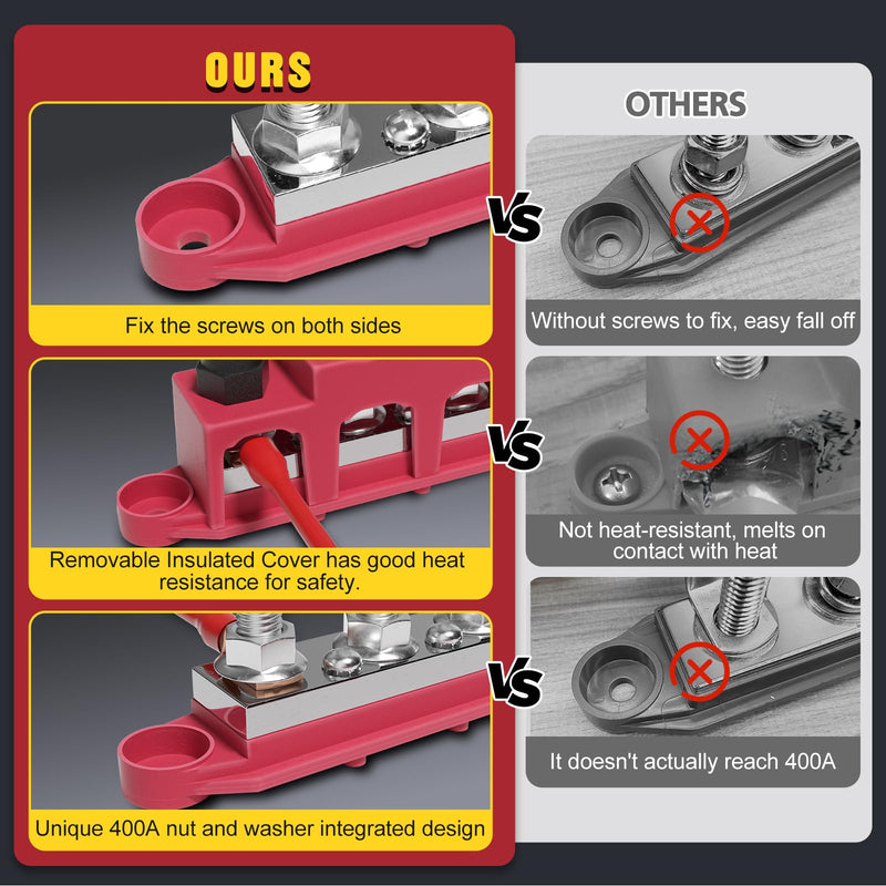 Mofeez 48V 400A Bus Bar 4 x 5/16” Post 3 x #8 Screw Terminal Power Distribution Block for Car Boat Marine (Red & Black) 4 x 5/16"