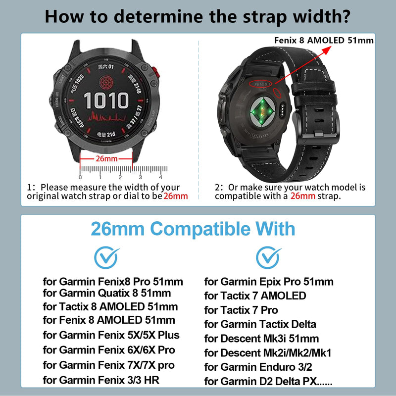 ZPJPPLX 26mm Genuine Leather Quick fit Watch Band Compatible with Garmin Fenix 8/quatix 51mm/Fenix 7X pro/7X/6X Pro/6X/5X Plus/5X/3 HR/3/tactix 8 AMOLED-51mm/7 Pro/Enduro 3 2/Descent Mk3i-51mm/Mk2i 2Pack1