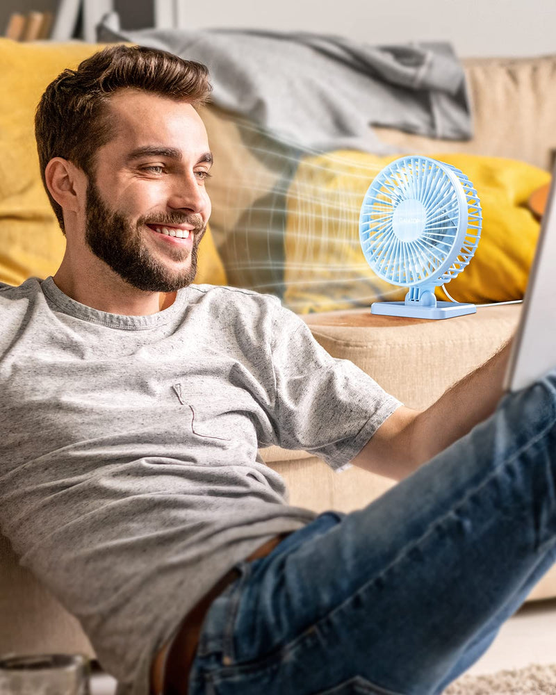 Gaiatop USB Desk Fan, Small But Powerful, Personal Portable Quiet 3 Speeds, Adjustment Mini Table Desktop for Better Cooling Home Office Car Indoor Outdoor Light blue
