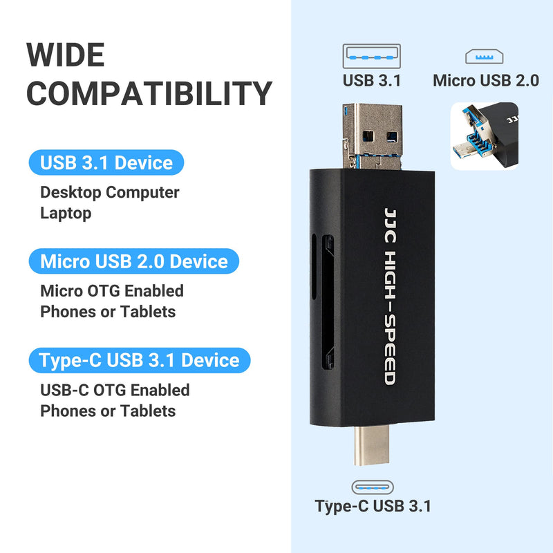 JJC UHS-II SD Micro SD Card Reader, 3-in-1 USB 3.1 USB-C Type-C 3.1 Micro USB 2.0 Connection Port, High Transfer Speed up to 312MB/s, Compatible with Computer, Laptop, OTG Enable Phone and Tablet USB 3.1 UHS-II Black