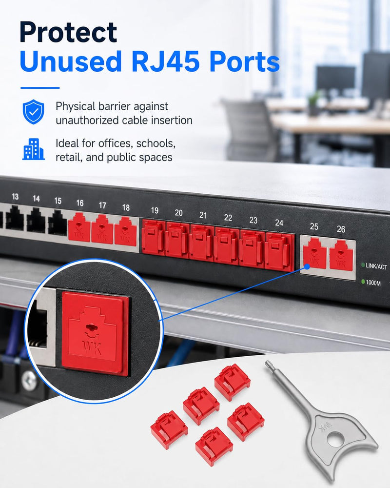 100-Pack RJ45 Port Lock with 5 Keys, Security Network Port Lock & Dust Cover,Female RJ45 Connector Blocker Cap Protector for Computers,Servers, Routers & More (Red) 100+5 Red