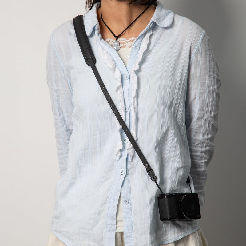 Quick Release Leather Camera Neck and Shoulder Strap | Genuine leather neck and shoulder strap with lightweight comfort and quick-release ends for compact cameras Ostrich Black
