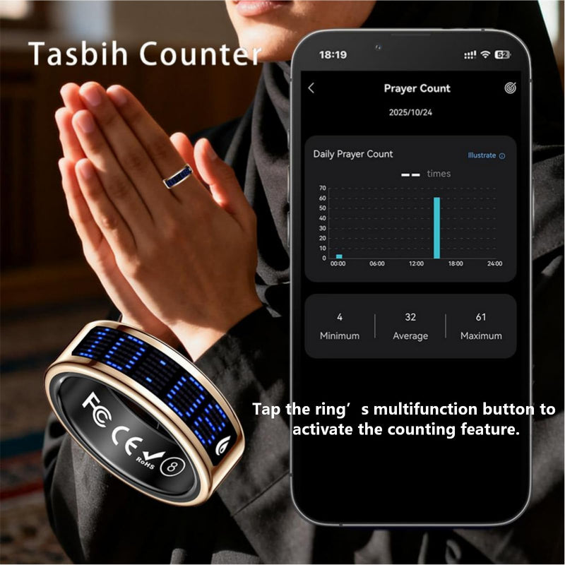 Yihou Smart Ring with Display Heart Rate Monitor Sleep Tracking Step Counter Call Number Display Multi-Sport Modes Gesture Control IP68 Waterproof Fitness Ring Health Tracking Ring for Men Women Silver #8(2.25 inch)