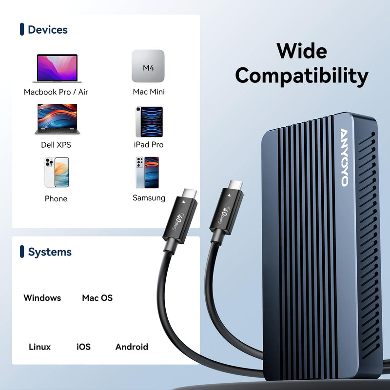ANYOYO 40Gbps M.2 NVMe SSD Enclosure Tool Free Installation Aluminum USB 4 NVMe SSD Enclosure Compatible with Thunderbolt 5/4/3/USB 4/3.2/3.1/3.0/2.0 for M&B+M-Key SSD 2230/2242/2260/2280(TBU405M1) TBU405