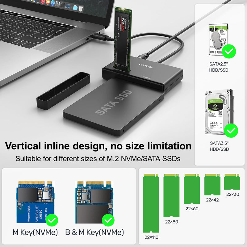 Unitek Dual-Bay M.2 NVMe/SATA USB 3.2 Adapter, 10Gbps, Tool-Free | Simultaneous M.2 & SATA Access; Fits M.2 2230-2280 & 2.5/3.5" SATA Drives; Hot-Swap, Auto Sleep, No Driver; JMS581D Chip