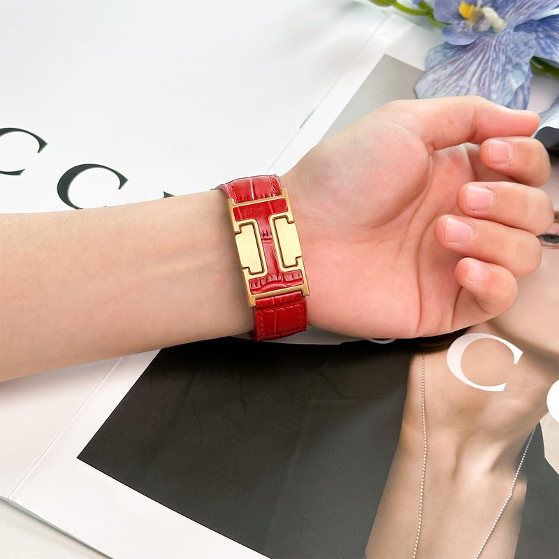 Red Alligator leather+Brown Leather Magnetic Watch Band