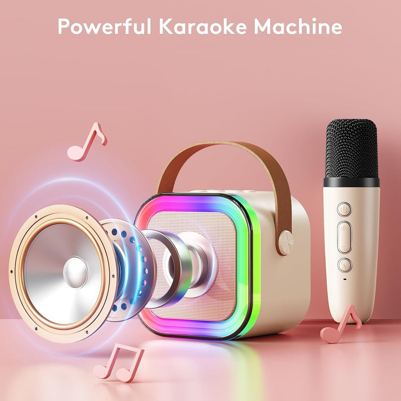 Mini Karaoke Machine for Kids Adults, Portable Bluetooth Karaoke Speaker with 2 Wireless Microphones for Girls Boys 3-11,12+ Years Old, Gifts for Family Home Birthday Party off-white
