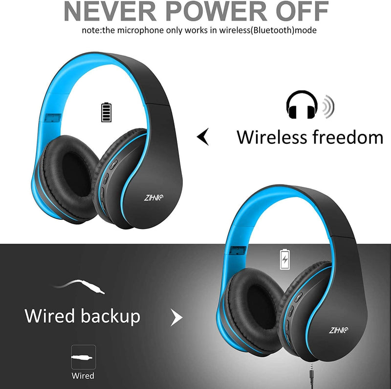 Wireless Over-Ear Headset with Deep Bass, Bluetooth and Wired Stereo Headphones Buit in Mic for Cell Phone, TV, PC,Soft Earmuffs &Light Weight for Prolonged Wearing by Zihnic (Black/Blue) Black Blue